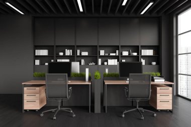 Koltukların ve bilgisayarın olduğu karanlık bir iç mekan, siyah ahşap zemin. Gökdelenlerin rafı ve panoramik penceresi olan ortak çalışma alanı. 3B görüntüleme