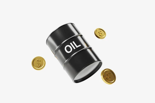 Black Oil Barrel Falling Gold Coins White Background Concept Gasoline — Stock Photo, Image