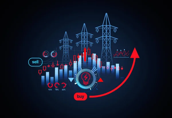 无线电塔和红色烛台与上升线 电价上涨及数据分析全息图 能源和危机的概念 3D渲染 — 图库照片