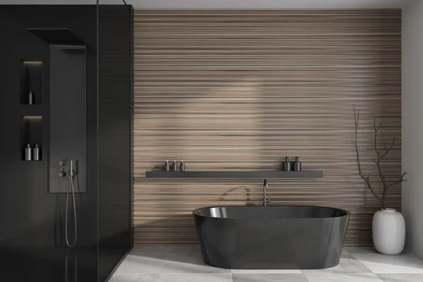Dark Bathroom Interior Bathtub Shower Vase Grey Tile Concrete Floor — Zdjęcie stockowe