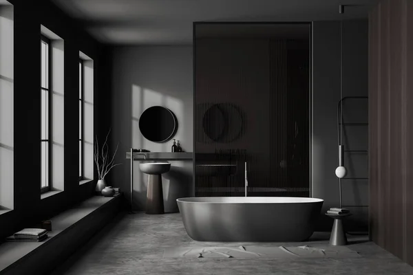 Dark Bathroom Interior Bathtub Glass Partition Double Sink Accessories Bathing — Stockfoto