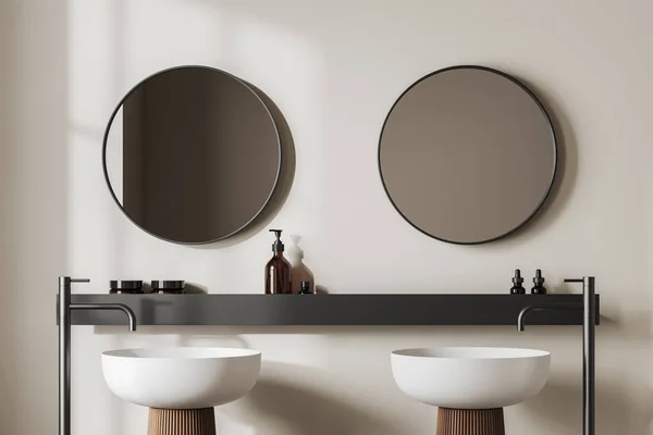 Beige Bathroom Interior Double Sink Shelf Accessories Two Mirrors Long — Stock Photo, Image