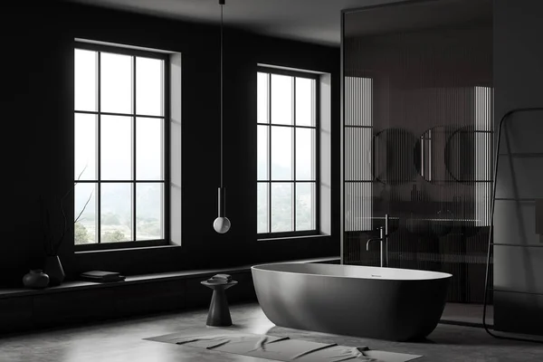 带有浴缸和玻璃隔板的灰色浴室内部 侧视图 全景窗户在农村 沐浴角落与双水池和浴缸 3D渲染 — 图库照片