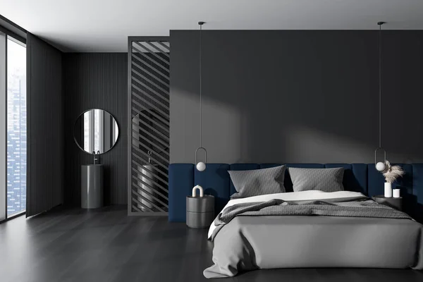 Donkere Slaapkamer Interieur Met Bed Decoratie Dubbele Wastafel Panoramisch Raam — Stockfoto