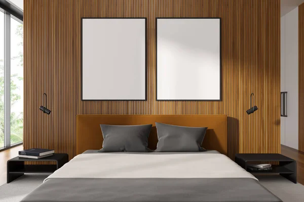 Wooden Bedroom Interior Bed Nightstand Minimalist Decoration Carpet Hardwood Floor — Zdjęcie stockowe