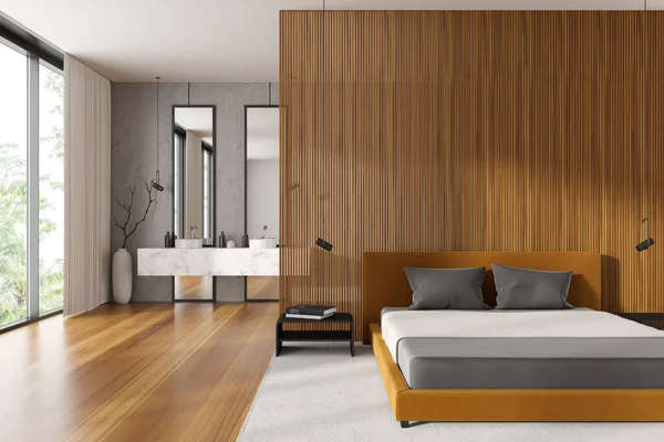 风格别致的卧房内饰有床和双水槽背景 地毯铺在硬木地板上 热带地区的全景窗口 复制空间木片 3D渲染 — 图库照片