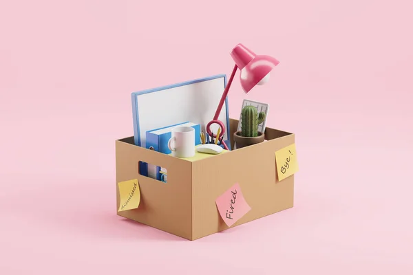 Cardboard Box Office Supplies Pink Background Concept Fired Dismissed Rendering — Photo