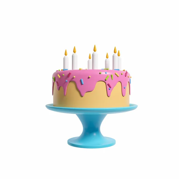 Full cake with candles on a blue stand on white background. Concept of party and birthday. 3D rendering