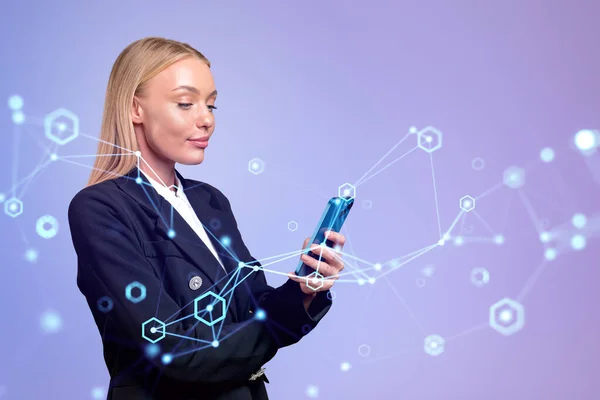 Businesswoman Working Smartphone Digital Hologram Circuit Connection Metaverse Purple Background — Photo