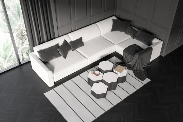 Top View Dark Living Room Interior Large Sofa Coffee Table — Stockfoto