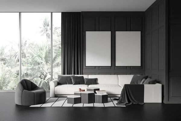 Dark Living Room Interior Armchair Sofa Coffee Table Carpet Black — Foto de Stock