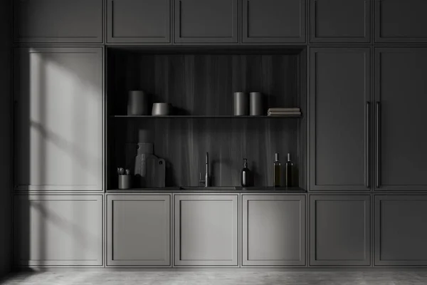 Modern Dark Kitchen Interior Sink Kitchenware Cabinet Shelves Molding Design — Fotografia de Stock