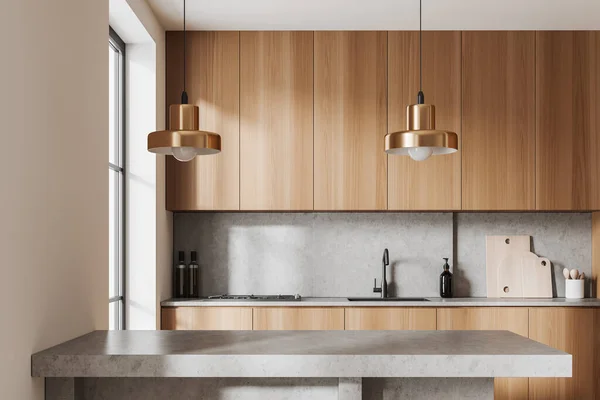 Wooden Kitchen Interior Bar Countertop Sink Stove Modern Kitchenware Panoramic — Fotografia de Stock
