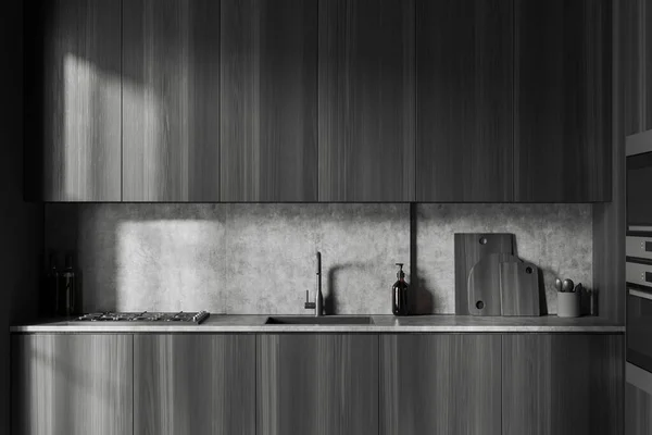 Dark Kitchen Interior Sink Stove Minimalist Kitchenware Dishes Black Wooden —  Fotos de Stock