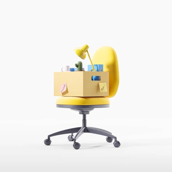 Gele Kantoorfauteuil Met Kartonnen Doos Kantoorbenodigdheden Personeelsspullen Witte Achtergrond Ontslagen — Stockfoto