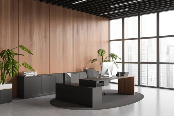 Dark office room interior with pc computer, side view carpet on grey concrete floor. Cabinet with books and plant, panoramic window on skyscrapers. Copy space wall. 3D rendering