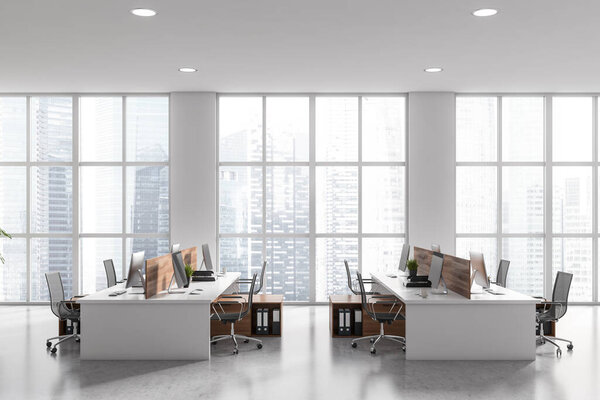 Front view on bright office room interior with computers, desks, armchairs, panoramic window, concrete floor. Concept of company, firm, coworking space, cooperation. 3d rendering