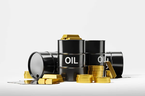 Black Oil Barrels Gold Bars Coins White Background Concept Gasoline — Stock Photo, Image