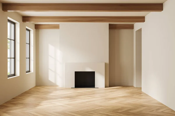 Beige Empty Studio Interior Hardwood Floor Fireplace Panoramic Window Tropics — Zdjęcie stockowe