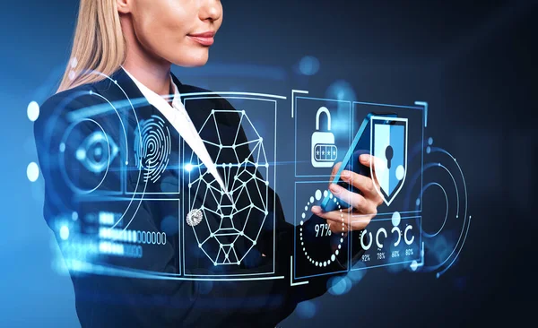 Businesswoman working with phone in hand, biometric scanning with facial recognition hud, digital hologram with fingerprint and padlock. Concept of cybersecurity