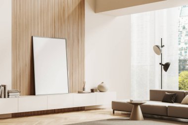 Stylish relaxing corner interior with sofa and drawer with art decoration, side view carpet on hardwood floor. Panoramic window on skyscrapers. Mock up canvas poster. 3D rendering