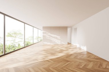 Light big empty room interior with hardwood floor and panoramic window on tropics. No furniture, no people. 3D rendering
