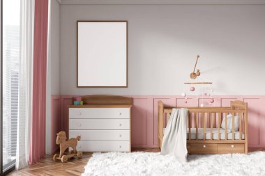Front view on bright baby room with empty white poster, child bed, panoramic window, white wall, oak wooden hardwood floor. Concept of nursery in soft design for newborn kid. Mock up. 3d rendering