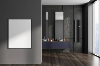 Dark bathroom interior with double sink behind partition, accessories and hardwood floor. Panoramic window on skyscrapers. Mockup canvas poster. 3D rendering