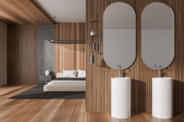 Wooden hotel studio interior with double sink and mirror with accessories. Sleeping area with bed on carpet, partition on hardwood floor. 3D rendering