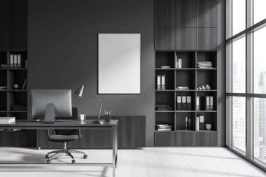 Front view on dark office room interior with empty white poster, desktop, desk, armchair, panoramic window with city view, wooden floor. Concept of company, director workspace. Mock up. 3d rendering