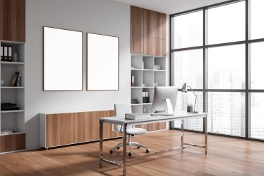 Wooden ceo room interior with pc computer on desk, side view panoramic window on city view. Office cabinet shelf with documents and decoration. Two mockup posters in row. 3D rendering