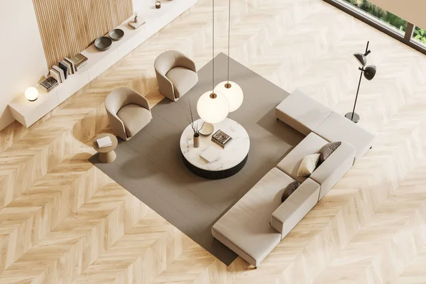 Modern Relaxing Room Interior Sofa Two Armchairs Coffee Table Carpet — Zdjęcie stockowe