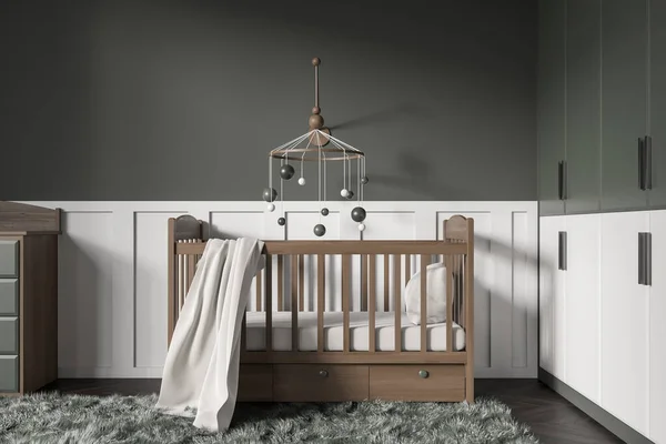 Dark Baby Room Interior Wooden Crib Carpet Hardwood Floor Nursery — Stock Photo, Image