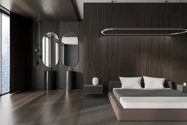 Brown Wooden Hotel Studio Interior Bed Carpet Double Sink Accessories — Stok fotoğraf