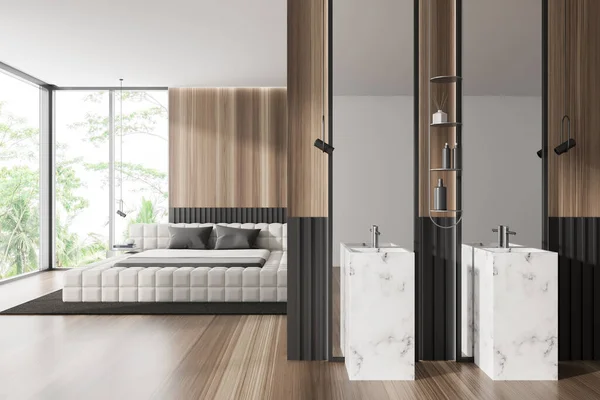 Light Wooden Studio Interior Double Sink Mirror Accessories Sleeping Zone — Fotografia de Stock