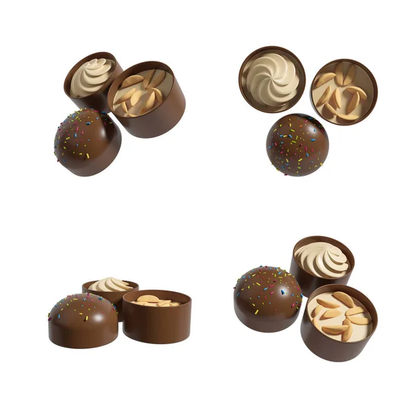 Brown cream chocolate candies decorated with nuts, four pieces from different angles on white background. Concept of sweets. 3D rendering