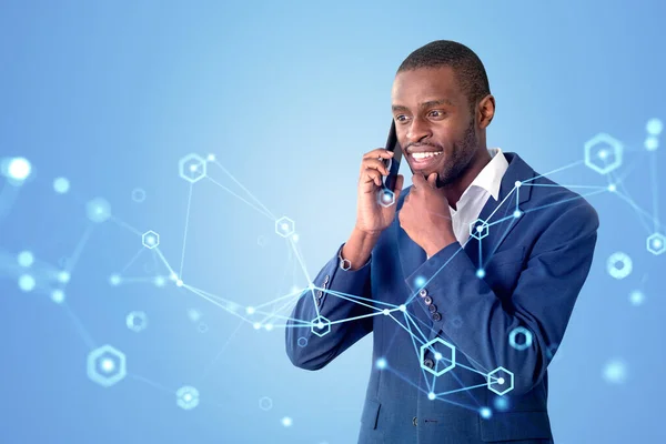 Pensive Black Businessman Calling Smartphone Hand Chin Digital Hologram Circuit — Stock Photo, Image