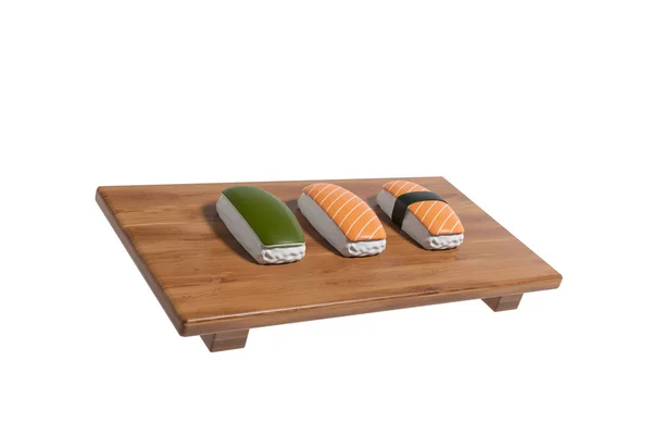 Set Three Sushi Nigiri Wooden Board Side View White Background — Stock fotografie