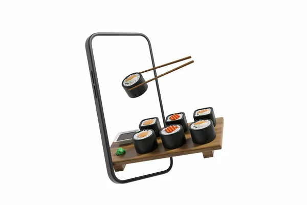 Phone mock up empty screen and sushi set on a wooden board, maki rolls and chopsticks on white background. Concept of food delivery. 3D rendering