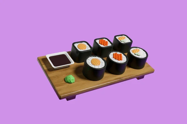 Sushi Set Wooden Board Maki Rolls Sauce Wasabi Purple Background — 스톡 사진