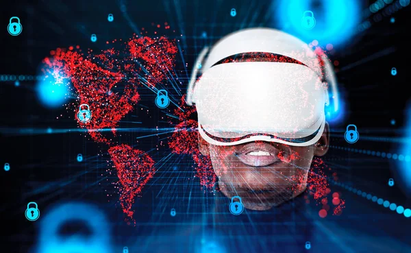Black Businessman Glasses Portrait Red World Map Hologram Digital Cybersecurity — Stok fotoğraf