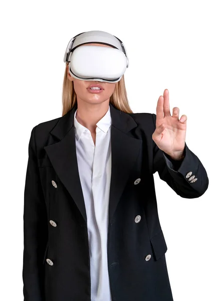 Young Businesswoman Working Glasses Headset Fingers Touching Something Isolated White — Zdjęcie stockowe