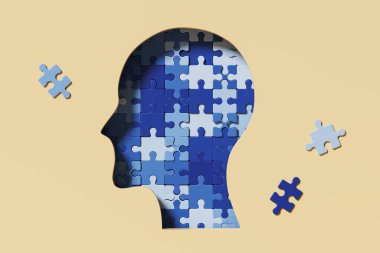 Human head made of different blue puzzle pieces, beige background. Concept of mental health and psychotherapy. 3D rendering