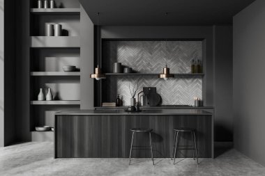 Dark kitchen interior with bar island and stool on grey concrete floor. Shelf with decoration and cooking zone with kitchenware. 3D rendering