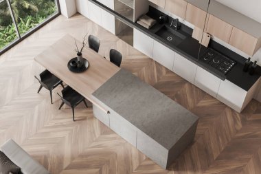 Top view of wooden kitchen interior with dining table and bar island, hardwood floor. Cooking corner with kitchenware. Panoramic window on tropics. 3D rendering