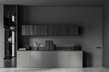 Dark cooking interior with sink and stove, shelves with kitchenware and decoration. Cooking area with invisible door and grey concrete floor. 3D rendering