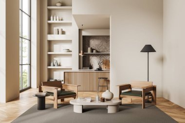 Beige studio interior with two armchairs on carpet, bar island with stool. Cooking corner with kitchenware and panoramic window on tropics. 3D rendering