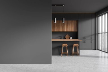 Dark kitchen interior with bar island and stool, partition and cooking space with kitchenware near panoramic window on skyscrapers. Mock up copy space wall. 3D rendering