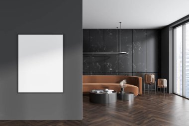Front view on dark living room interior with empty white poster, sofa, panoramic window, grey wall, coffee table, wooden hardwood floor. Concept of minimalist design. Mock up. 3d rendering