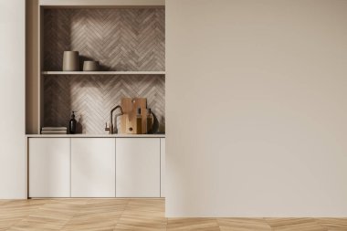 Modern kitchen interior with sink, stove and modern kitchenware with decor. Cooking zone with beige shelves. Mockup copy space wall. 3D rendering
